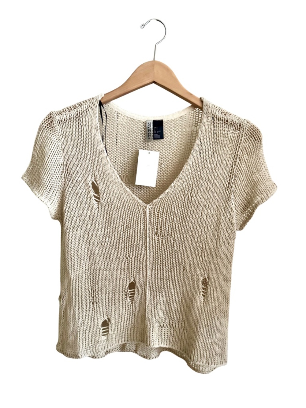 H&M Cream Distressed Open Knit Short Sleeve Sweater Top NWT Size Small